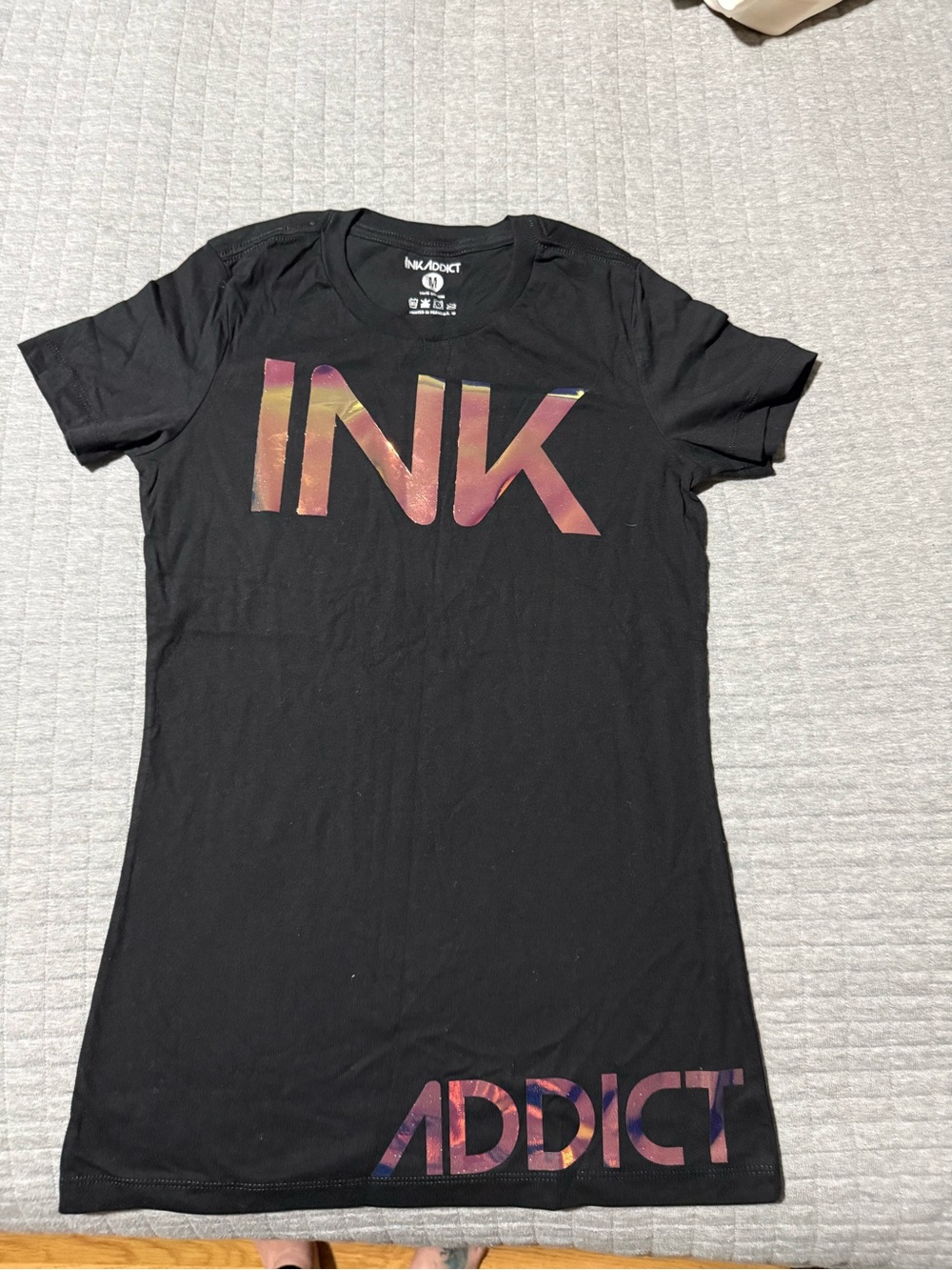 Ink Addict Women’s Black Graphic Tee - irridescent INK Logo NEW never worn.